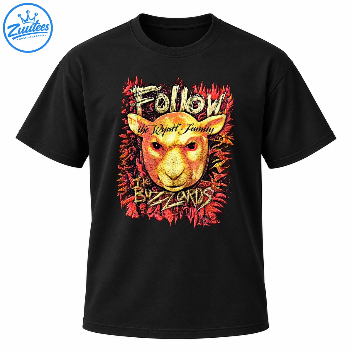 Retro Wyatt Family Follow The Buzzards shirt graphic featuring a golden lamb, red flames, and distressed lettering Retro Wyatt Family Follow The Buzzards shirt graphic featuring a golden lamb, red flames, and distressed lettering