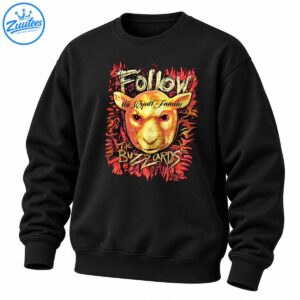 Retro Wyatt Family Follow The Buzzards shirt graphic featuring a golden lamb, red flames, and distressed lettering