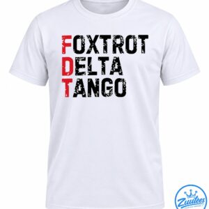 Foxtrot Delta Tango graphic with red initials, distressed black lettering, and white speckles