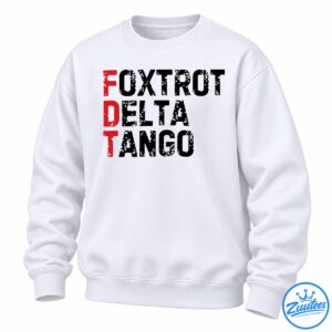 Foxtrot Delta Tango graphic with red initials, distressed black lettering, and white speckles
