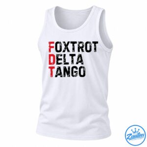 Foxtrot Delta Tango graphic with red initials, distressed black lettering, and white speckles