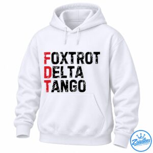 Foxtrot Delta Tango graphic with red initials, distressed black lettering, and white speckles