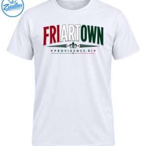 Friartown Providence RI graphic with arched red white and green lettering, fleur-de-lis, and decorative accents