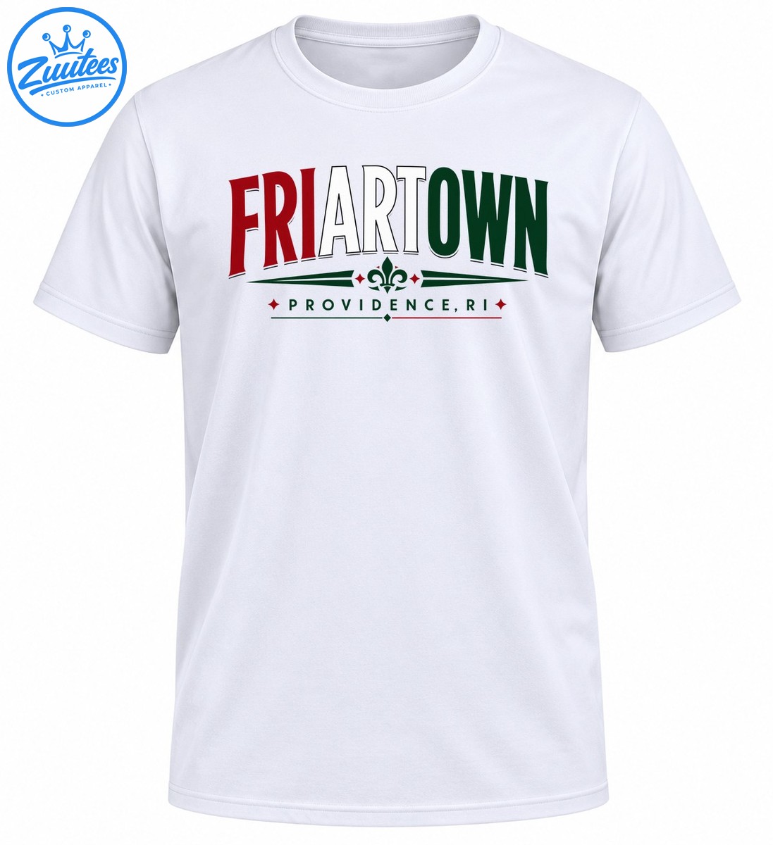 Friartown Providence RI graphic with arched red white and green lettering, fleur de lis, and decorative accents Friartown Providence RI graphic with arched red white and green lettering, fleur-de-lis, and decorative accents