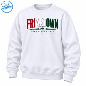Friartown Providence RI graphic with arched red white and green lettering, fleur-de-lis, and decorative accents