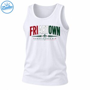 Friartown Providence RI graphic with arched red white and green lettering, fleur-de-lis, and decorative accents
