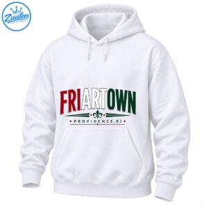 Friartown Providence RI graphic with arched red white and green lettering, fleur-de-lis, and decorative accents