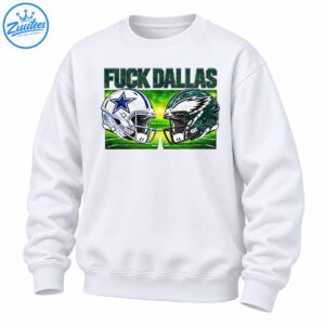 Fuck Dallas distressed green lettering above silver and dark green football helmets facing off on a vivid green field