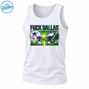 Fuck Dallas distressed green lettering above silver and dark green football helmets facing off on a vivid green field