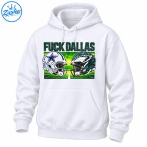 Fuck Dallas distressed green lettering above silver and dark green football helmets facing off on a vivid green field