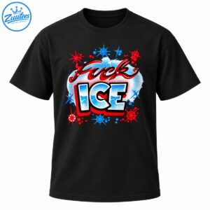 Fuck ICE graphic featuring red graffiti script, icy blue and white lettering, black outlines, and red and blue starbursts
