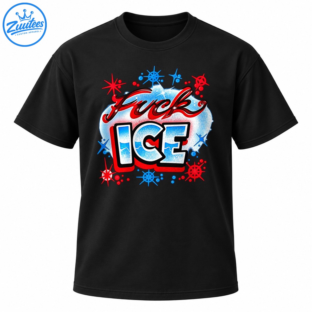Fuck ICE graphic featuring red graffiti script, icy blue and white lettering, black outlines, and red and blue starbursts Fuck ICE graphic featuring red graffiti script, icy blue and white lettering, black outlines, and red and blue starbursts