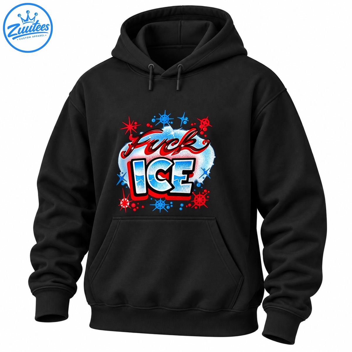 Fuck ICE graphic featuring red graffiti script, icy blue and white lettering, black outlines, and red and blue starbursts Fuck ICE graphic featuring red graffiti script, icy blue and white lettering, black outlines, and red and blue starbursts