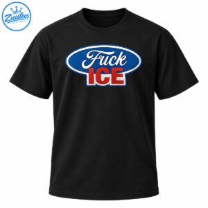 Fuck ICE graphic with white cursive lettering, red block letters, and a blue oval badge