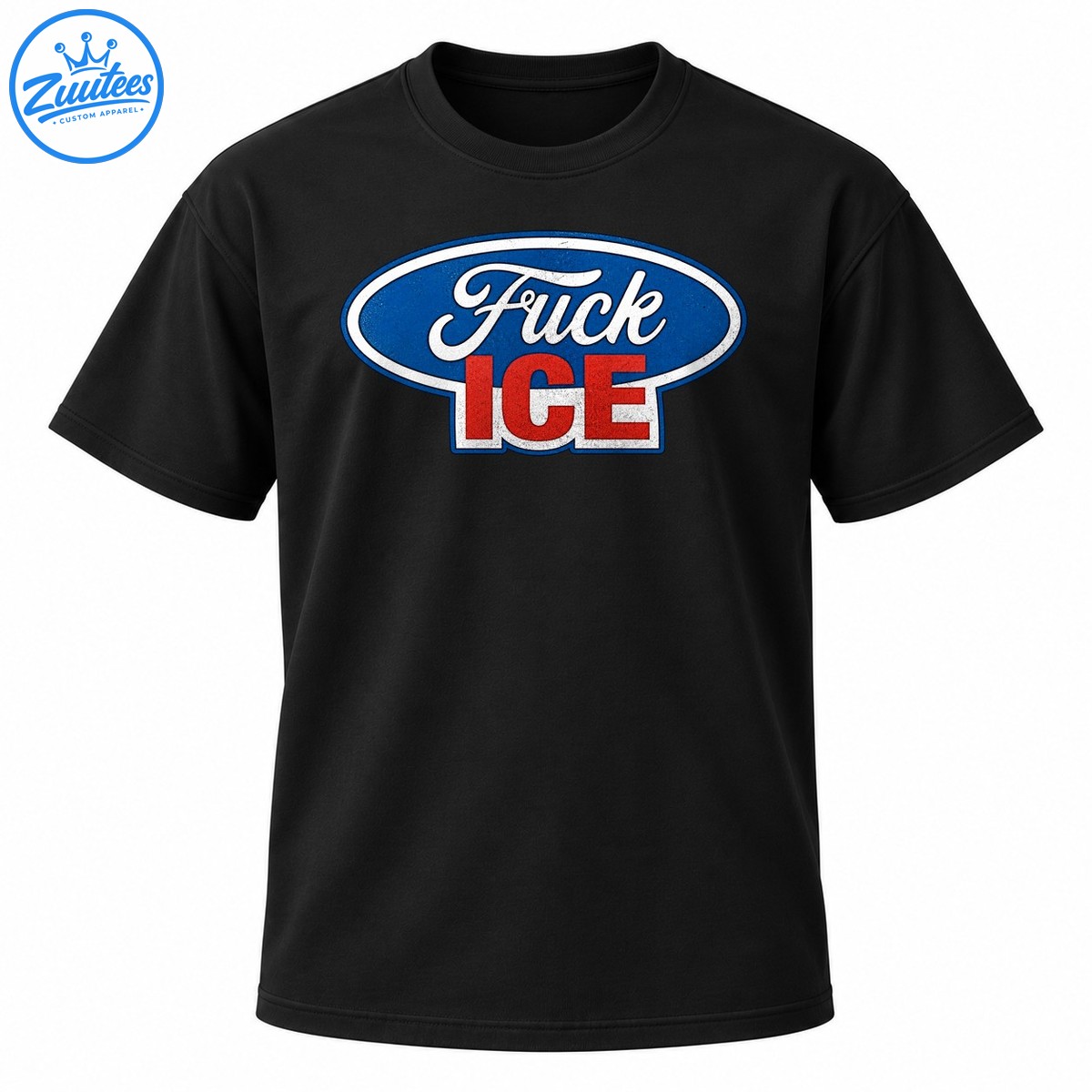 Fuck ICE graphic with white cursive lettering, red block letters, and a blue oval badge Fuck ICE graphic with white cursive lettering, red block letters, and a blue oval badge