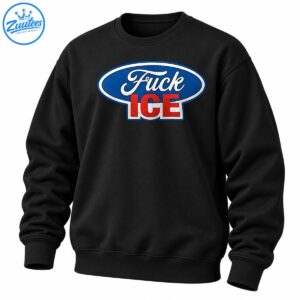 Fuck ICE graphic with white cursive lettering, red block letters, and a blue oval badge