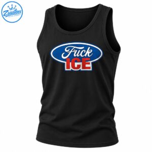 Fuck ICE graphic with white cursive lettering, red block letters, and a blue oval badge