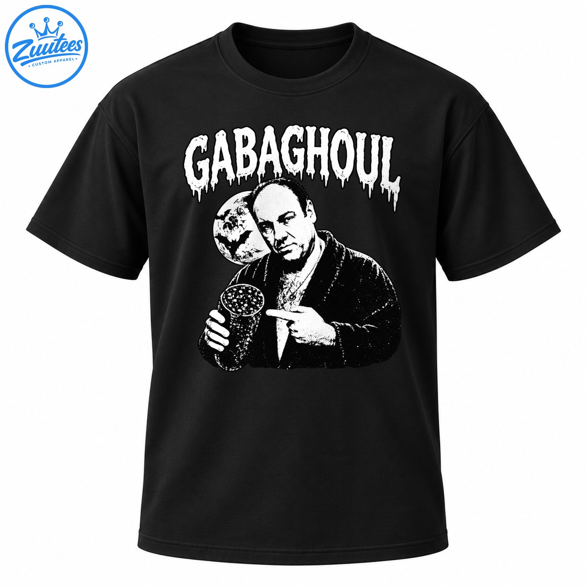 Gabaghoul horror graphic featuring distressed white lettering, a black and white bald man portrait, and a spooky moon Gabaghoul horror graphic featuring distressed white lettering, a black and white bald man portrait, and a spooky moon