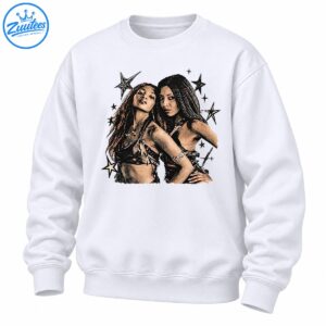 Vintage sepia graphic of two stylish women posing together with distressed black starbursts and sparkling accents