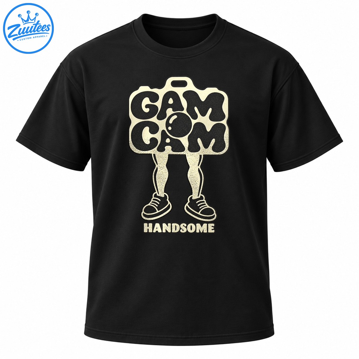 Gam Cam Handsome retro graphic with chunky cream lettering, cartoon legs, sneakers, and vintage distressed details Gam Cam Handsome retro graphic with chunky cream lettering, cartoon legs, sneakers, and vintage distressed details