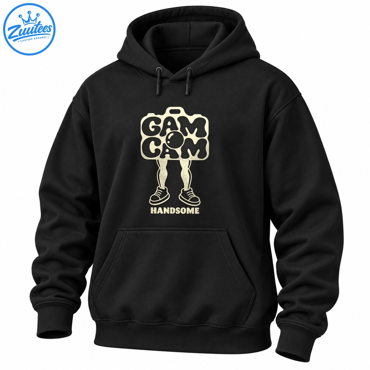 Gam Cam Handsome retro graphic with chunky cream lettering, cartoon legs, sneakers, and vintage distressed details Gam Cam Handsome retro graphic with chunky cream lettering, cartoon legs, sneakers, and vintage distressed details