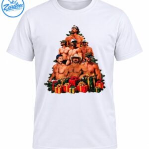 Christmas tree-shaped collage of muscular men in hats and sunglasses surrounded by green branches and red and gold presents