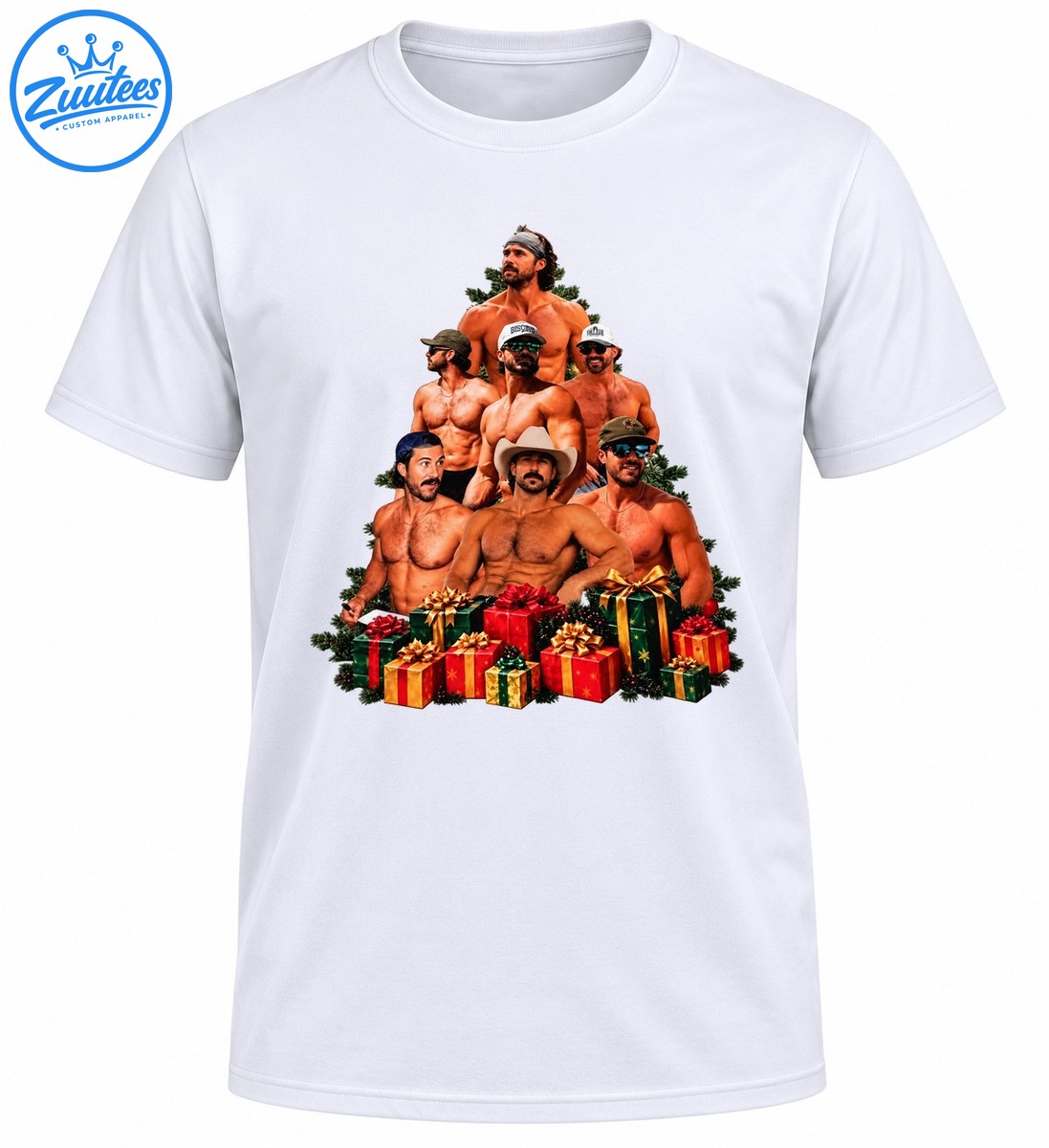 Christmas tree shaped collage of muscular men in hats and sunglasses surrounded by green branches and red and gold presents Christmas tree-shaped collage of muscular men in hats and sunglasses surrounded by green branches and red and gold presents