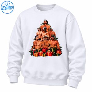 Christmas tree-shaped collage of muscular men in hats and sunglasses surrounded by green branches and red and gold presents