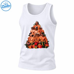 Christmas tree-shaped collage of muscular men in hats and sunglasses surrounded by green branches and red and gold presents