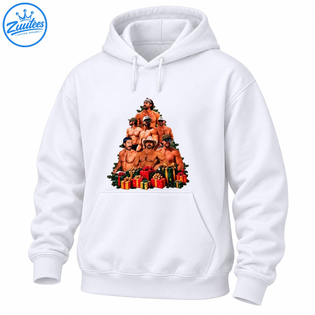 Christmas tree shaped collage of muscular men in hats and sunglasses surrounded by green branches and red and gold presents Christmas tree-shaped collage of muscular men in hats and sunglasses surrounded by green branches and red and gold presents