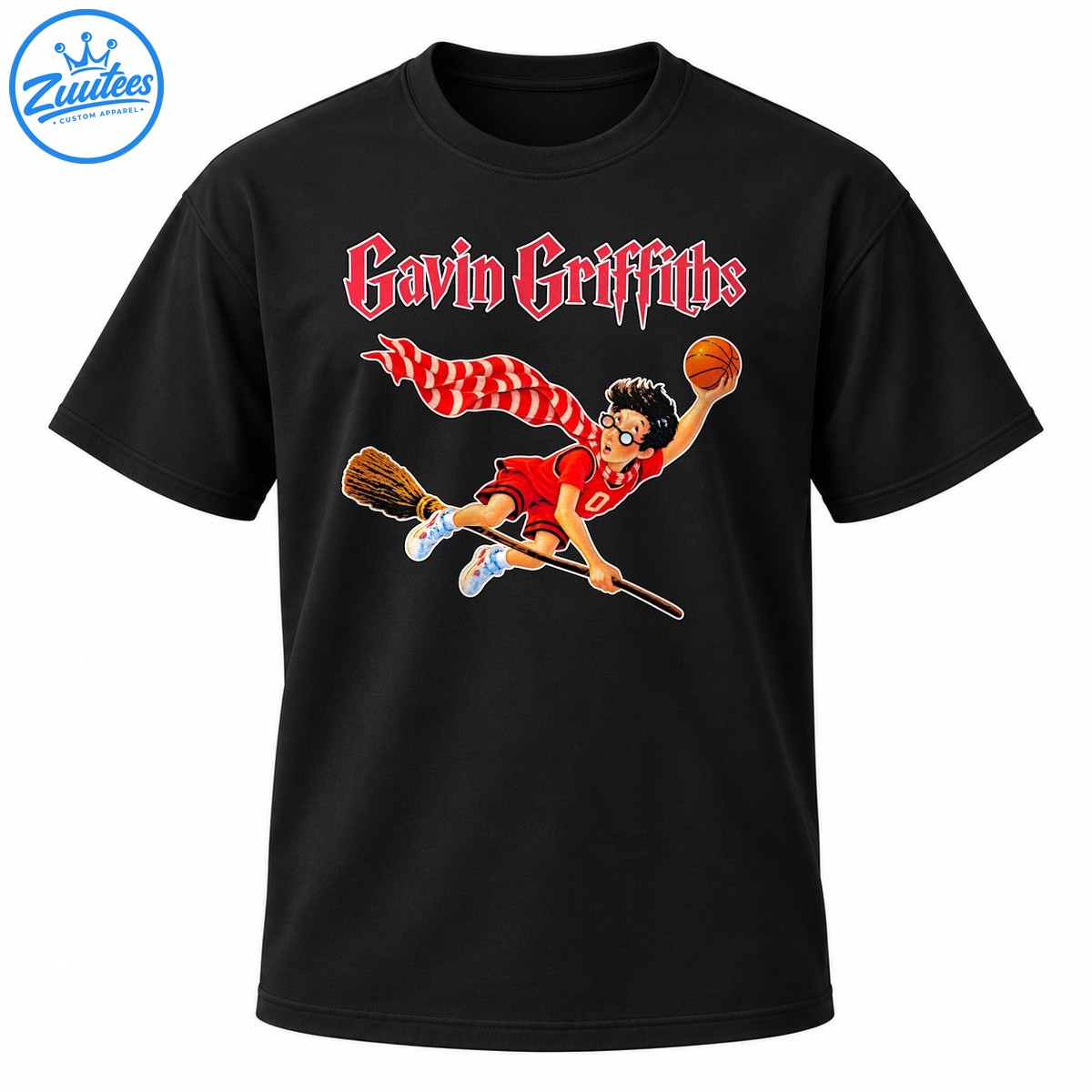Gavin Griffiths lettering above a caricature basketball player in a red number 0 uniform flying on a broomstick with a basketball Gavin Griffiths lettering above a caricature basketball player in a red number 0 uniform flying on a broomstick with a basketball