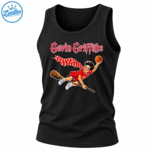 Gavin Griffiths lettering above a caricature basketball player in a red number 0 uniform flying on a broomstick with a basketball