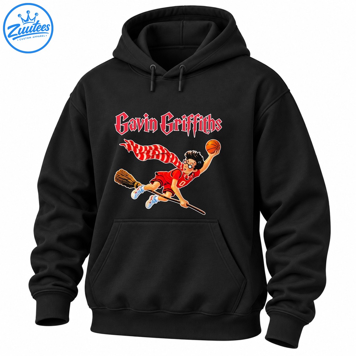Gavin Griffiths lettering above a caricature basketball player in a red number 0 uniform flying on a broomstick with a basketball Gavin Griffiths lettering above a caricature basketball player in a red number 0 uniform flying on a broomstick with a basketball
