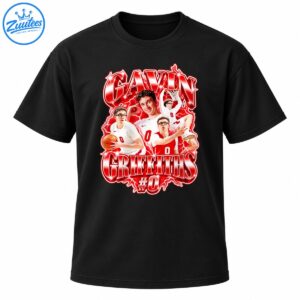 Gavin Griffiths basketball shirt graphic with player photo collage, red lightning, metallic lettering, and number 0