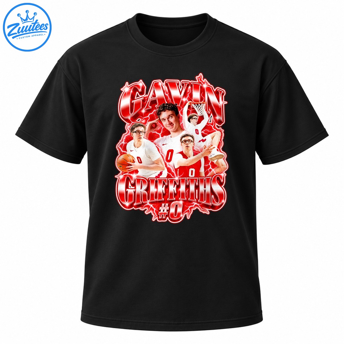 Gavin Griffiths basketball shirt graphic with player photo collage, red lightning, metallic lettering, and number 0 Gavin Griffiths basketball shirt graphic with player photo collage, red lightning, metallic lettering, and number 0
