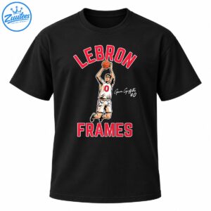 Basketball player illustration in a white number 0 uniform with red LEBRON and FRAMES lettering and Gavin Griffiths signature