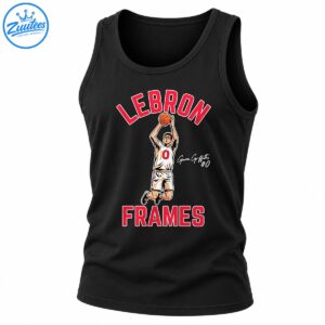 Basketball player illustration in a white number 0 uniform with red LEBRON and FRAMES lettering and Gavin Griffiths signature