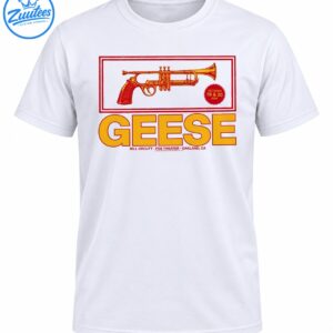 Vintage Geese concert shirt design with a golden trumpet, burgundy frame, red date badge, and bold gold lettering