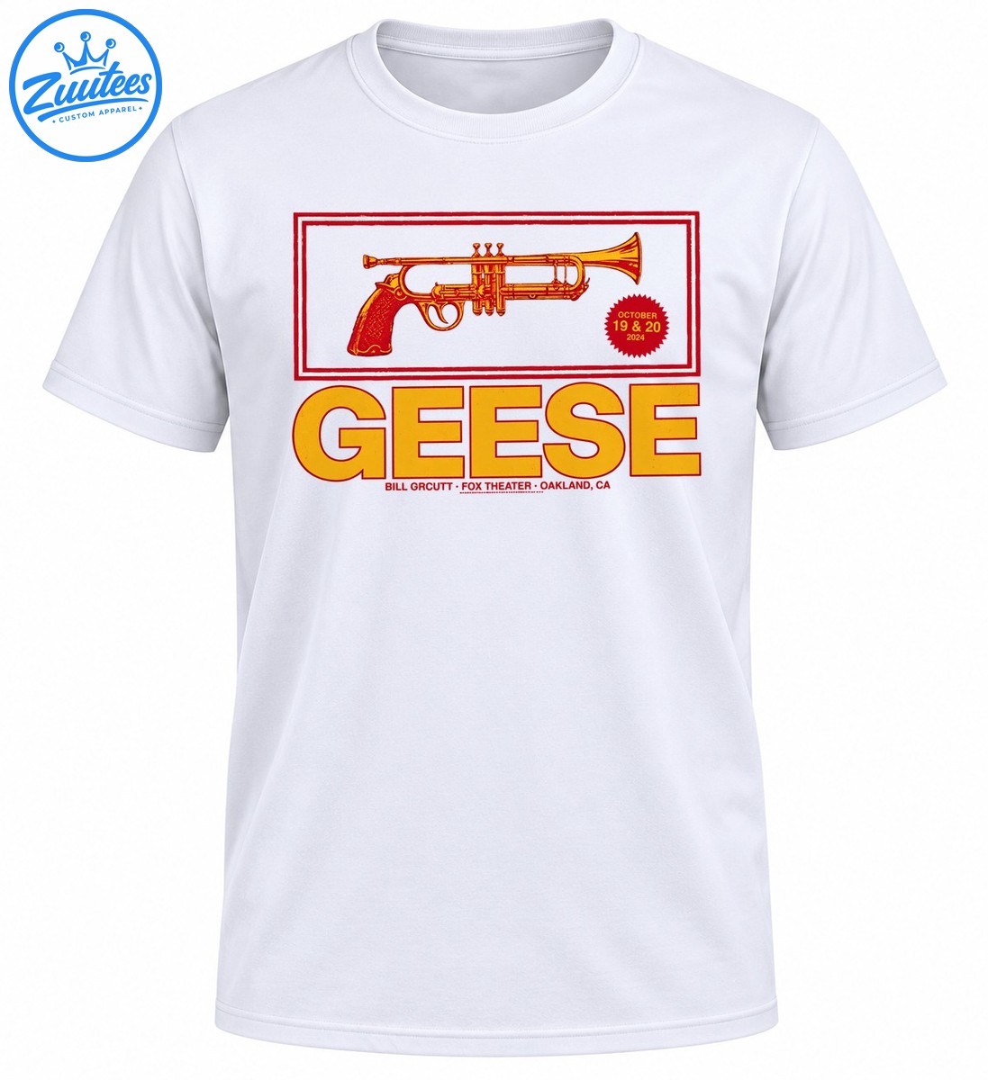 Vintage Geese concert shirt design with a golden trumpet, burgundy frame, red date badge, and bold gold lettering Vintage Geese concert shirt design with a golden trumpet, burgundy frame, red date badge, and bold gold lettering