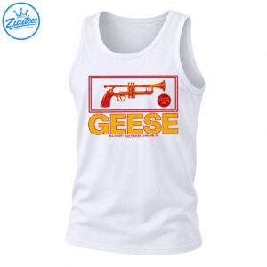 Vintage Geese concert shirt design with a golden trumpet, burgundy frame, red date badge, and bold gold lettering