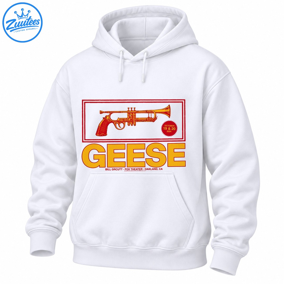 Vintage Geese concert shirt design with a golden trumpet, burgundy frame, red date badge, and bold gold lettering Vintage Geese concert shirt design with a golden trumpet, burgundy frame, red date badge, and bold gold lettering