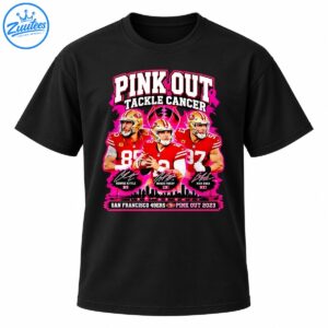 49ers Pink Out Tackle Cancer 2023 shirt design featuring George Kittle, Brock Purdy, Nick Bosa, pink ribbons, and a San Francisco skyline.
