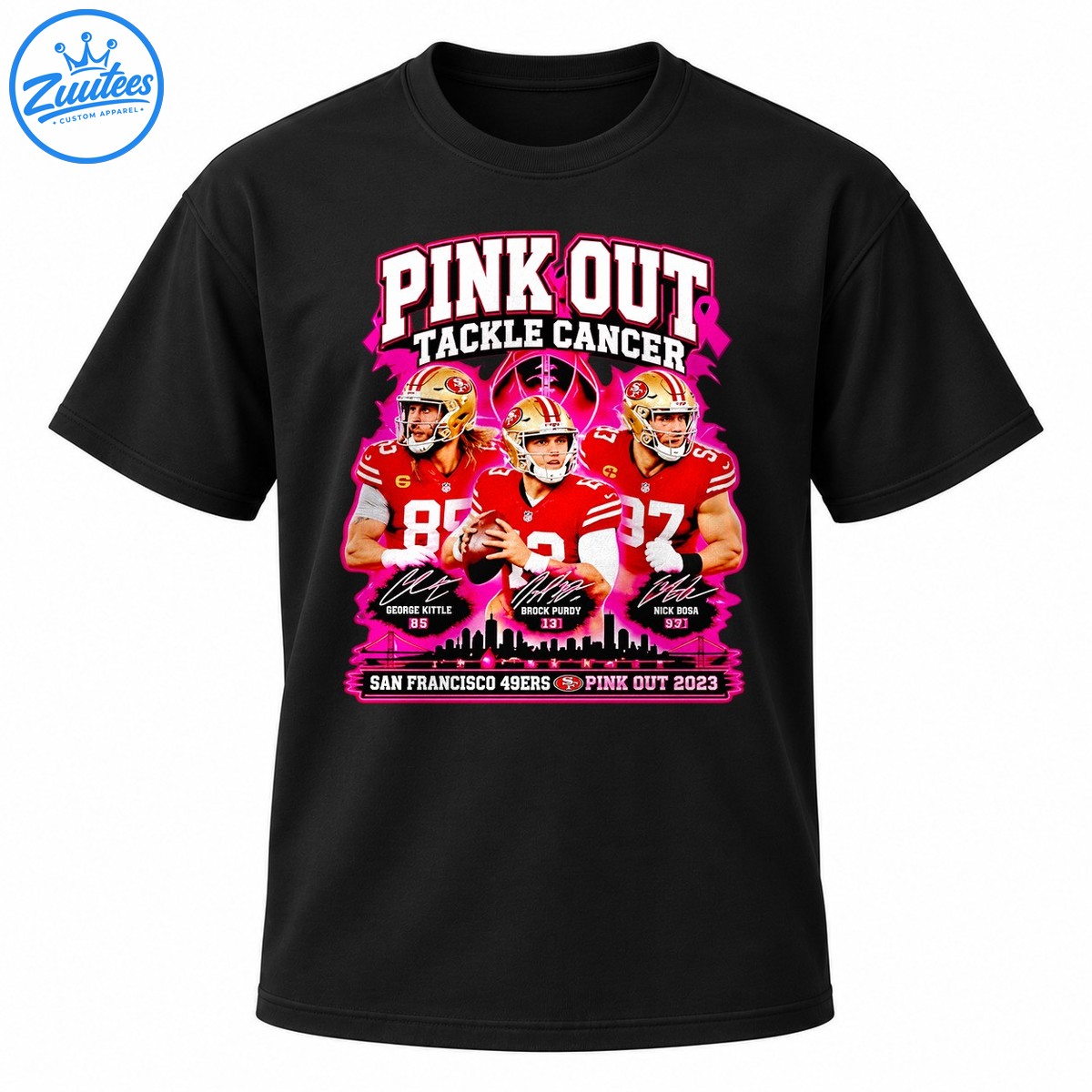 49ers Pink Out Tackle Cancer 2023 shirt design featuring George Kittle, Brock Purdy, Nick Bosa, pink ribbons, and a San Francisco skyline. 49ers Pink Out Tackle Cancer 2023 shirt design featuring George Kittle, Brock Purdy, Nick Bosa, pink ribbons, and a San Francisco skyline.