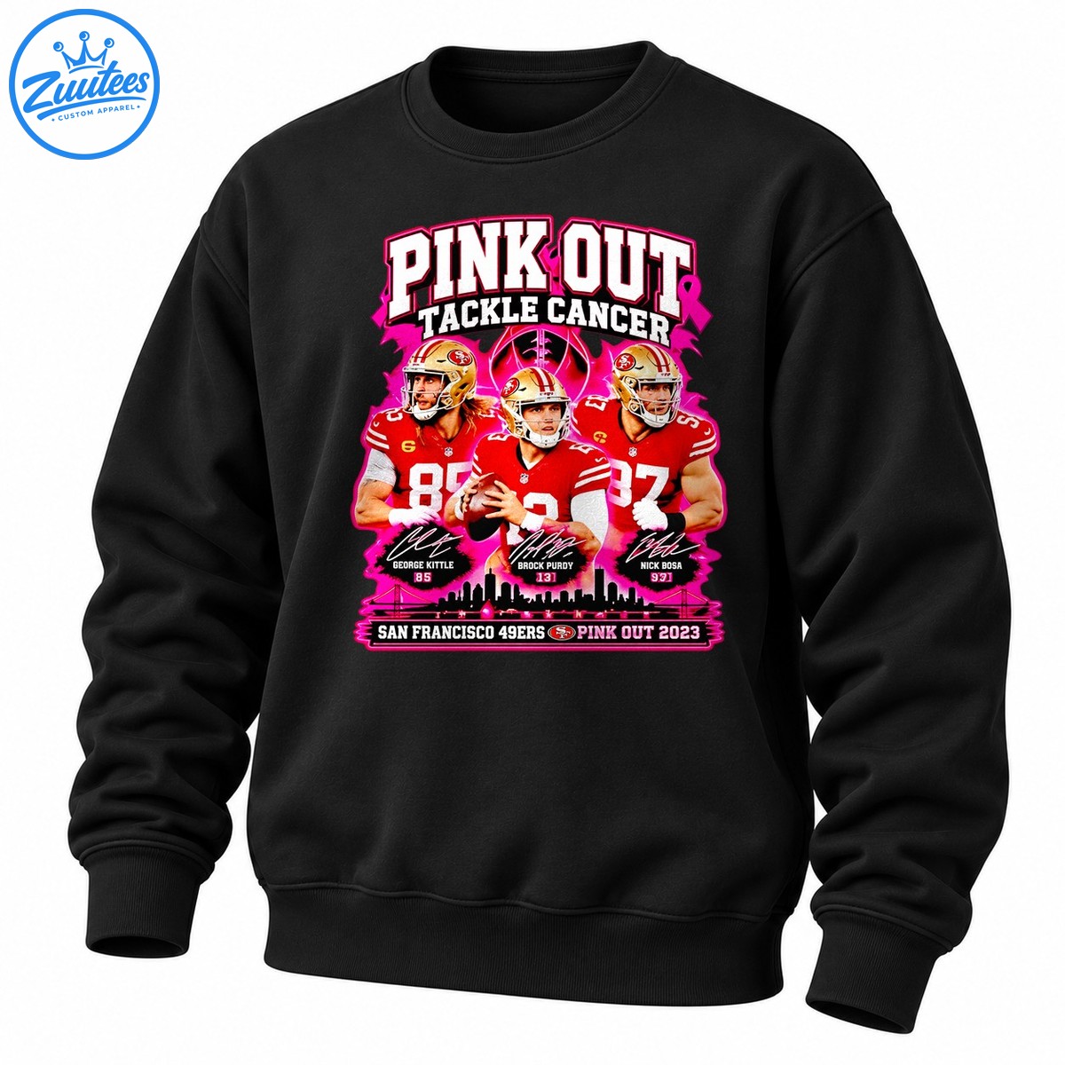 George Kittle Brock Purdy And Nick Bosa Of San Francisco 49ers Pink Out Tackle Cancer 2023 Sweatshirt