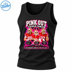 49ers Pink Out Tackle Cancer 2023 shirt design featuring George Kittle, Brock Purdy, Nick Bosa, pink ribbons, and a San Francisco skyline.