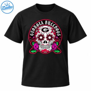 Georgia Bulldogs sugar skull design with Gothic lettering, floral eye sockets, pink roses, green leaves, and red accents