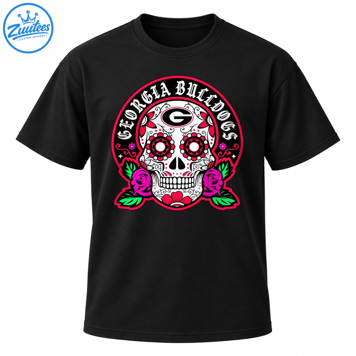 Georgia Bulldogs sugar skull design with Gothic lettering, floral eye sockets, pink roses, green leaves, and red accents Georgia Bulldogs sugar skull design with Gothic lettering, floral eye sockets, pink roses, green leaves, and red accents
