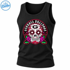 Georgia Bulldogs sugar skull design with Gothic lettering, floral eye sockets, pink roses, green leaves, and red accents