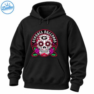 Georgia Bulldogs sugar skull design with Gothic lettering, floral eye sockets, pink roses, green leaves, and red accents