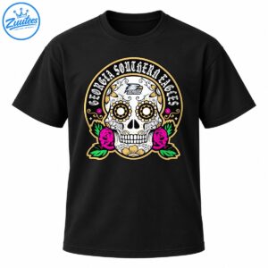 Georgia Southern Eagles sugar skull design with gothic lettering, gold floral details, pink roses, and green leaves